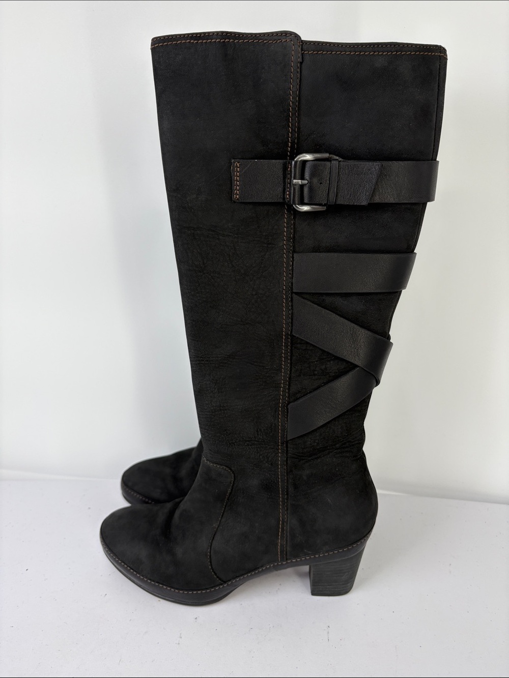 👘 Clarks Black Suede Knee-High Buckle Strap Heeled Boots